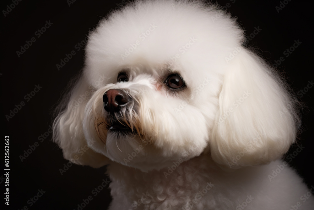 Generative AI. Portrait of a Bichon Frise dog in close-up on a dark background Generative AI. Portrait of a Bichon Frise dog in close-up on a dark background