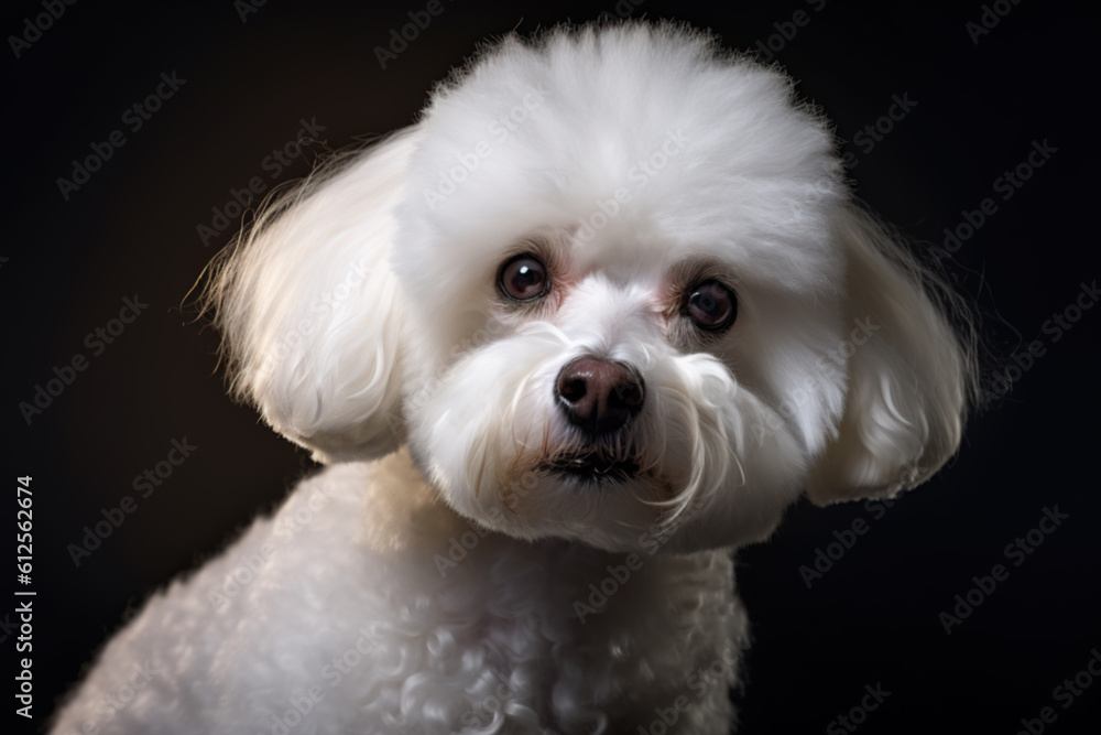 Generative AI. Portrait of a Bichon Frise dog in close-up on a dark background Generative AI. Portrait of a Bichon Frise dog in close-up on a dark background