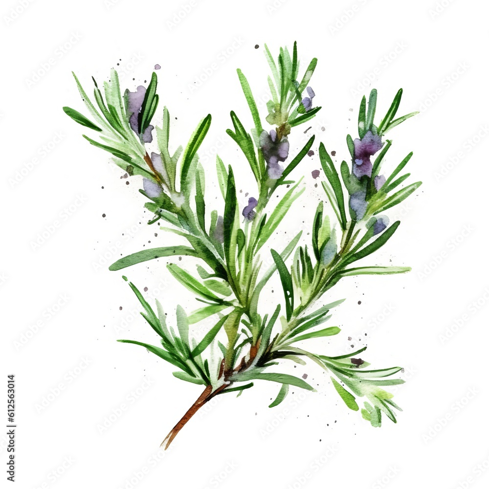 Aromatic Rosemary Herbs Watercolor Square Background. Healthy Vegetarian Diet. Ai Generated, Drawn With Paint Splashes On White Background Delicious Aromatic Rosemary Herbs. Generative AI