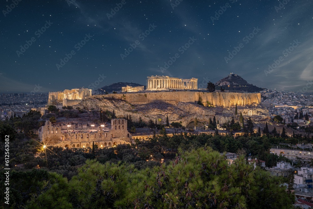 Beautiful view of the Acropolis of Athens at night.