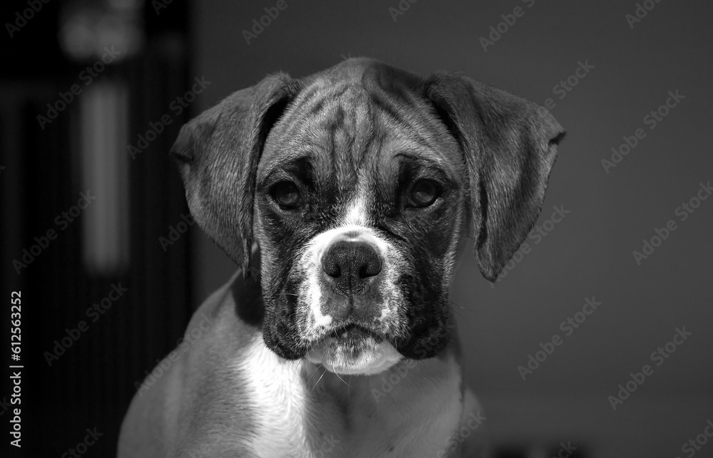 Closeup shot of a brown boxer dog staring straight into the camera