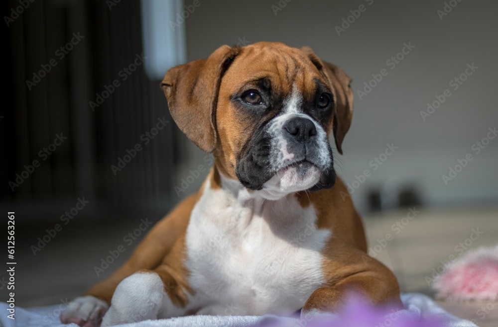 Closeup shot of a brown boxer dog lying down and relaxing