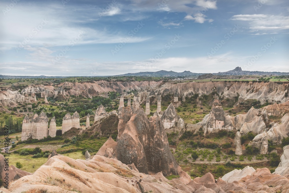 Landscape view of the stone formations in Pasabag Valley in Cappadocia, Turkey, on a sunny day