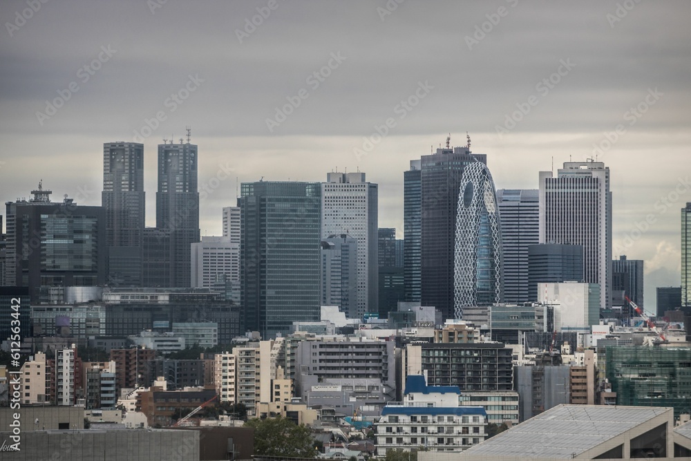 Aerial view of a cityscape of Tokyo downtown,with modern architecture, lights turned on a cloudy day