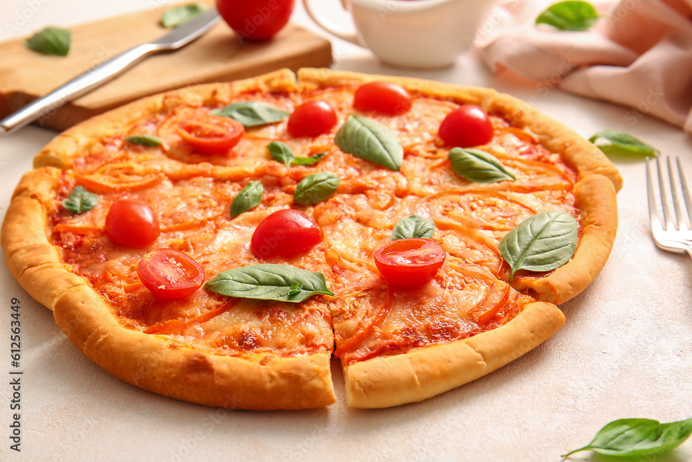 Tasty pizza margarita on white background