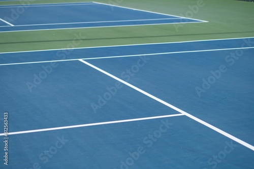 Landscape of a blue and green tennis court on a sunny day