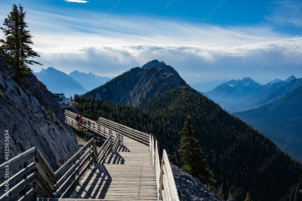 Mesmerizing view of Sulphur Mountain, Canada from the mountain viewpoint stairs, on a sunny day