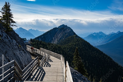 Mesmerizing view of Sulphur Mountain, Canada from the mountain viewpoint stairs, on a sunny day