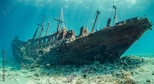 amazing rusty ship sunk in the middle of the sea with good day lighting in the blue pacific sea