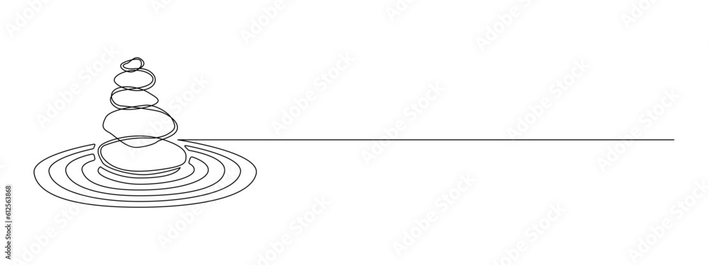 Pebbles with circles in sand in one continuous line drawing. Balance and enjoying life in a simple linear style. Spa wellness and massage salon editable stroke. Doodle vector illustration - obrazy, fototapety, plakaty 