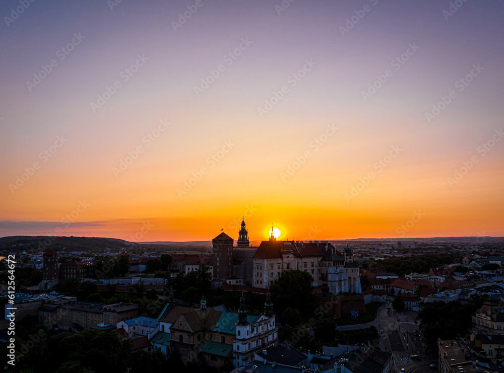 Sunset view of Wawel castle, a fortified residency on the Vistula River in Krakow, Poland