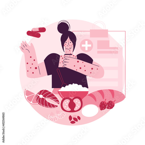 Food allergy abstract concept vector illustration. Food ingredient intolerance, allergy treatment, allergen identification, risk factor, skin rash problem, gluten free diet abstract metaphor.