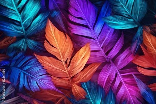Creative fluorescent color layout made of tropical leaves. Flat lay neon colors. Nature concept.   Generative AI  © Kay