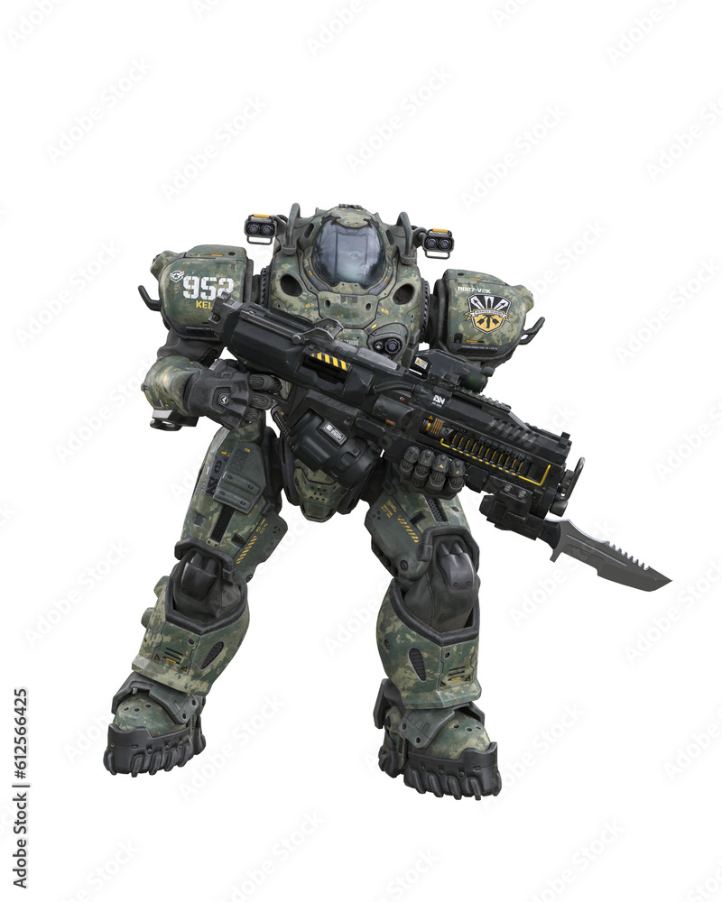 Futuristic soldier wearing a powered combat suit and holding a large rifle with bayonet. Isolated 3D rendering.