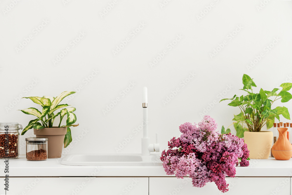 Sink with lilac flowers in light kitchen Sink with lilac flowers in light kitchen