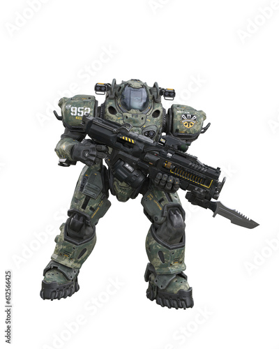 Futuristic soldier wearing a powered combat suit and holding a large rifle with bayonet. Isolated 3D rendering.