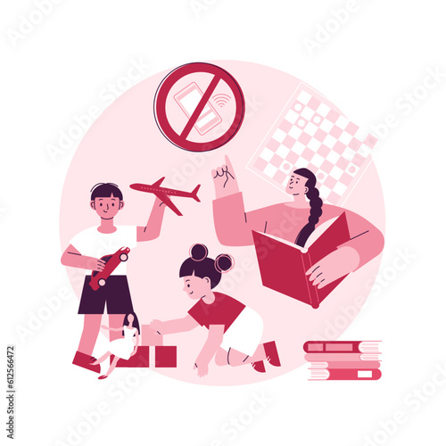 Low tech parenting abstract concept vector illustration. Low tech school, tech-free kids, media limitation, unplugger, gadget-free parenting, anti technology, no screen time abstract metaphor.