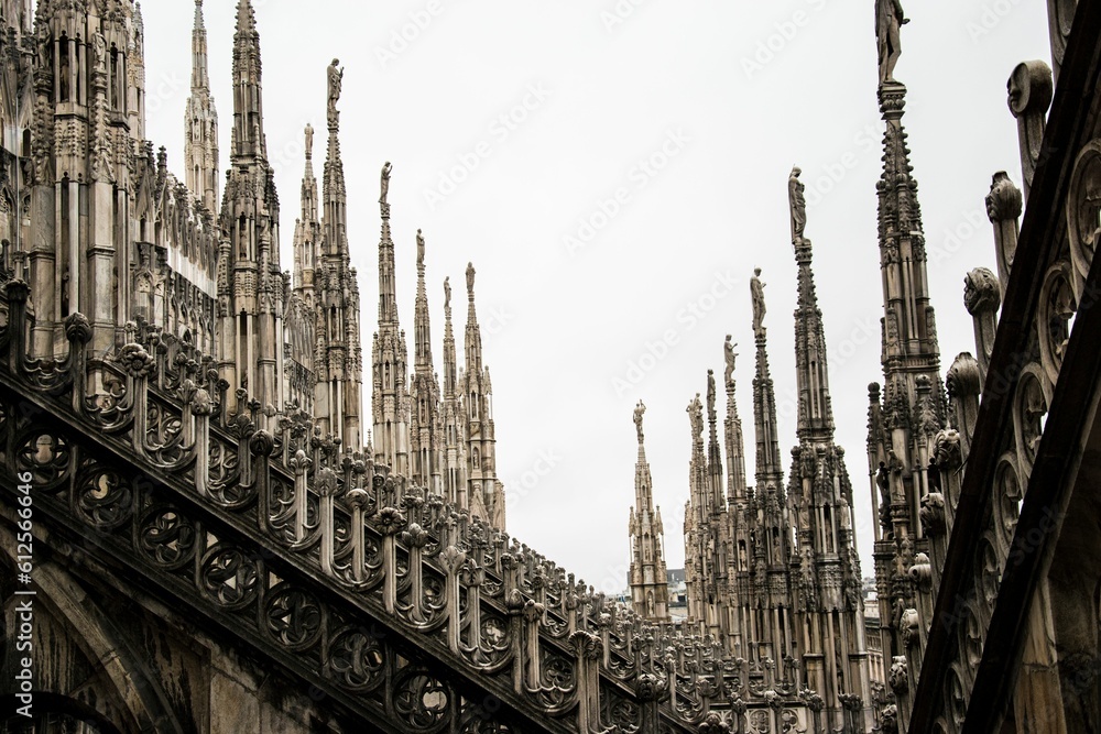 Close-up shot of architectural sculpture details of the Duomo di Milano