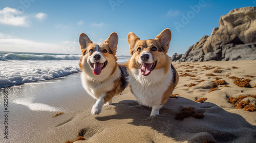 Corgi Dogs Running Along the Beach Expressing Joy While they Play at the Ocean - Generative AI