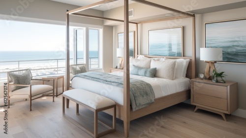 Bedroom decor, home interior design . Coastal Modern style with Ocean View decorated with Wood and Glass material . Generative AI AIG26. photo