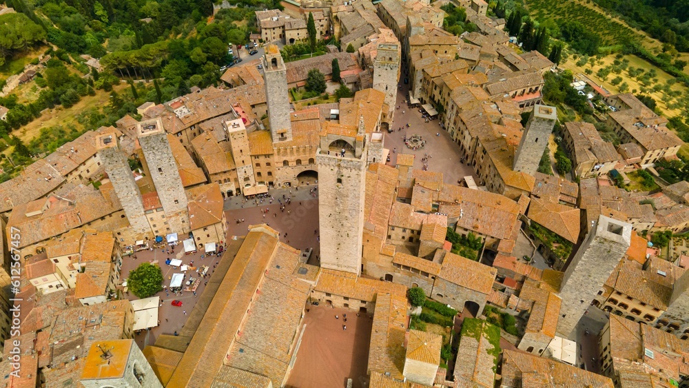 Aerial view of the San Gimignano Torre Grossa, Italy, Tuscany