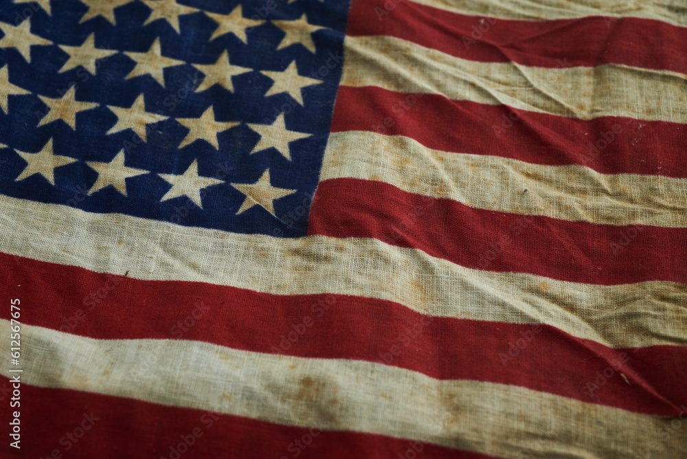 Closeup shot of an old textured American flag