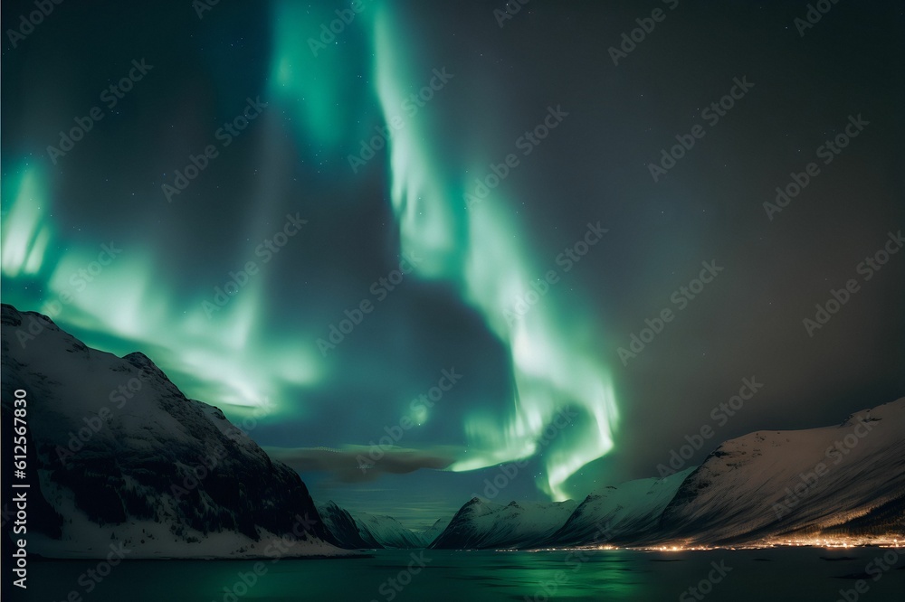Scenic shot of mountains covered in snow under a magical view of the Northern Lights
