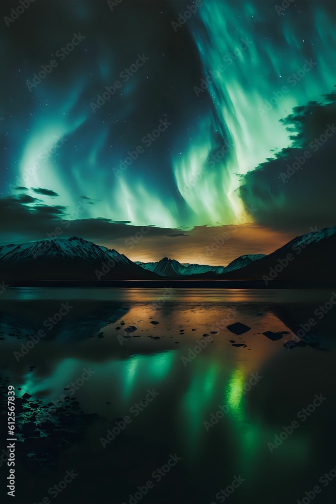 Vertical shot of the magical Northern Lights phenomenon over mountains and a sea