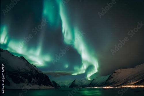 Scenic shot of mountains covered in snow under a magical view of the Northern Lights © Aprilian Zee/Wirestock Creators