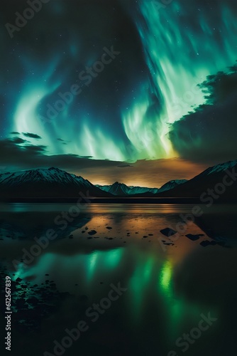 Vertical shot of the magical Northern Lights phenomenon over mountains and a sea