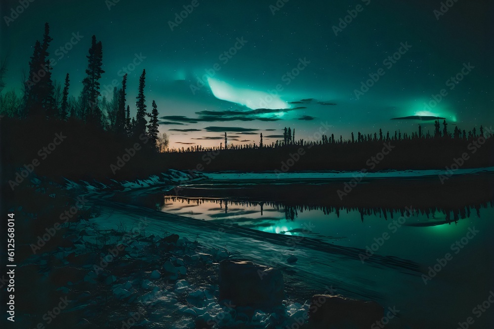 Scenic shot of a sea and trees under the colorful sky at night during the Northern Lights