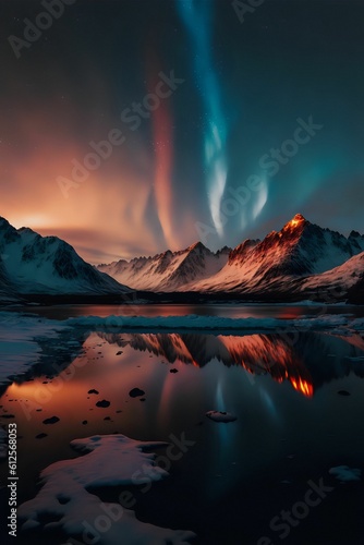 Vertical shot of mountains and water in vibrant colors during the Northern Lights