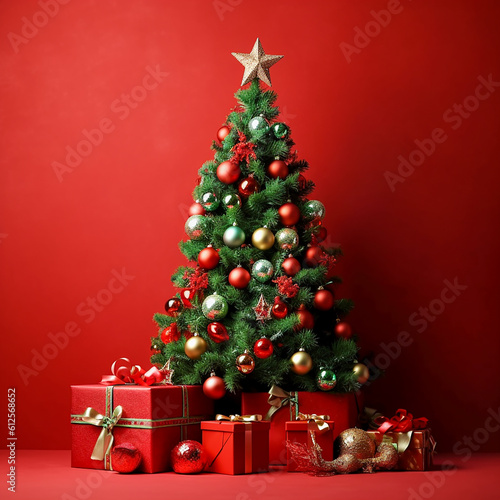 Christmas Tree and Gift Boxes, colorful 3d cartoon style.   Generative AI