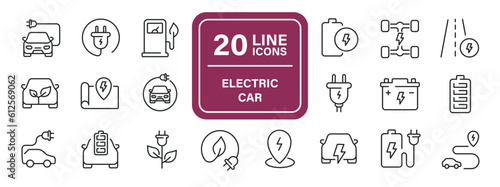 Electric car line icons. Editable stroke. For website marketing design, logo, app, template, ui, etc. Vector illustration.