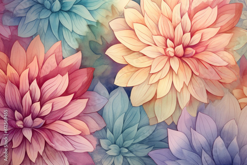 Illustration of a floral dahlias background. Wallpaper with summer flowers. Generative AI.