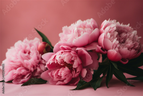 pink peonies on pastel pink background. AI generated content