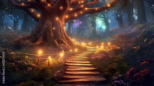 A Mystical Journey Along A Path Through a Magical Forest of Light and Wood. Generative AI