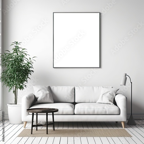 Modern Minimalist Scandinavian Design -- Home Furniture in a White Living Room with a Blank Picture Frame Mockup on the Wall. Generative AI