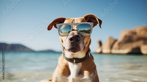 Beautiful portrait of a dog wearing sunglasses at the beach. Created with Generative AI technology. © IC Production
