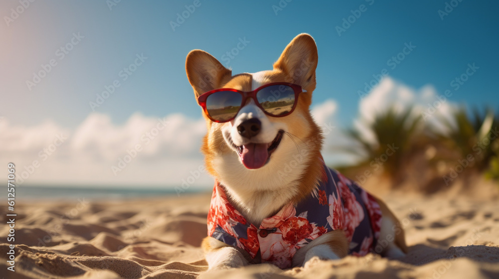 A Corgi Dog Has Some Fun in the Sun on the Sand of a Beautiful Beach - Wearing Sunglasses and Beach Clothes - Generative AI