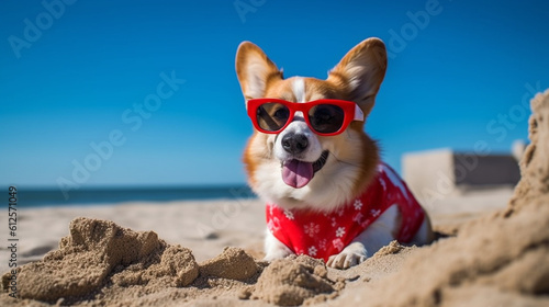 A Corgi Dog Has Some Fun in the Sun on the Sand of a Beautiful Beach - Wearing Sunglasses and Beach Clothes - Generative AI © AnArtificialWonder
