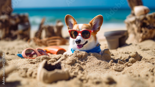 A Corgi Dog Has Some Fun in the Sun on the Sand of a Beautiful Beach - Wearing Sunglasses and Beach Clothes - Generative AI © AnArtificialWonder