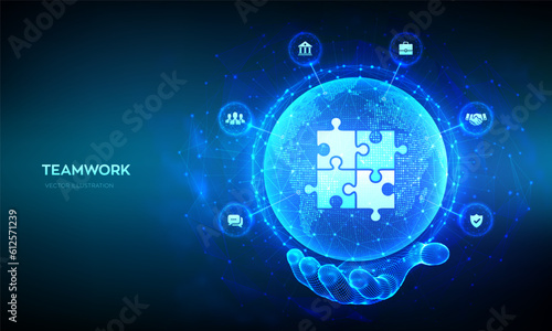 Teamwork technology concept. Business Partnership. Global cooperation communication network. Puzzle Team elements. World map point, line composition. Earth planet globe in hand. Vector illustration.