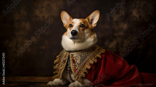 A Corgi Dog Poses for a Portrait as They Wear a Regal Costume Imitating a Historical Monarch or Figure - Generative AI © AnArtificialWonder