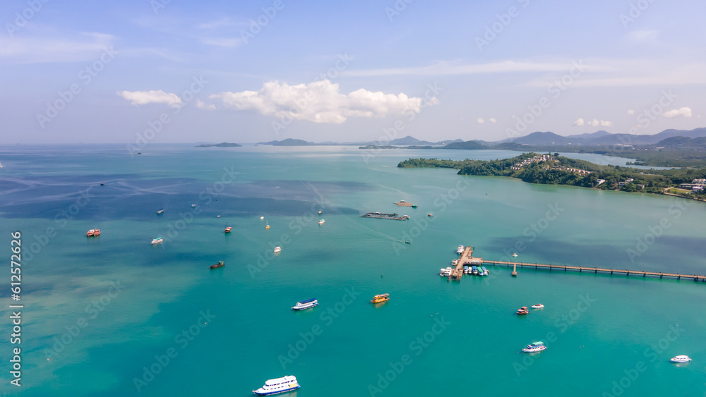 Aerial view of Ao Yon beach at sunset. , beautiful place Near the pier boarding point in Phuket, Thailand