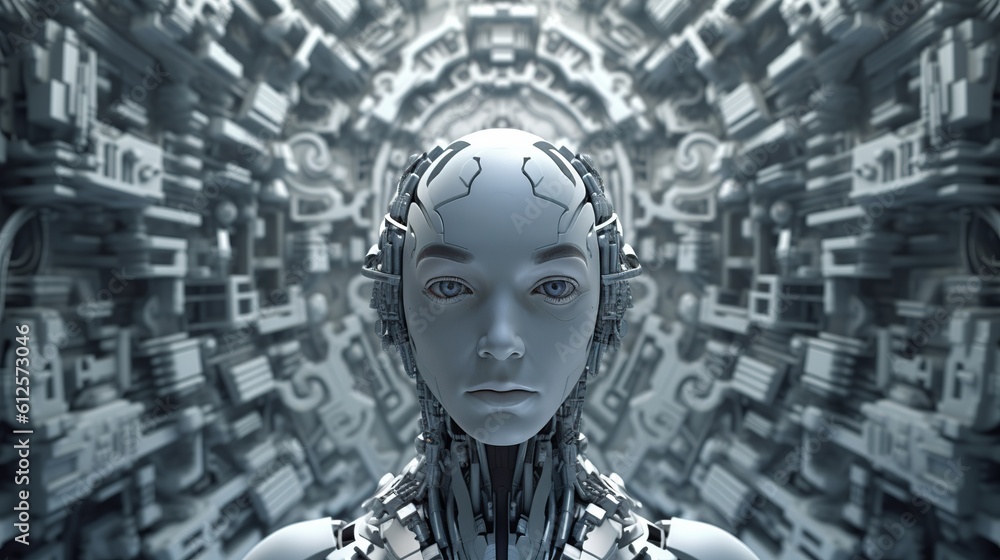 A beautiful view of female robot face representing artificial intelligence. Creati with generative ai. A beautiful view of female robot face representing artificial intelligence. Creati with generative ai.