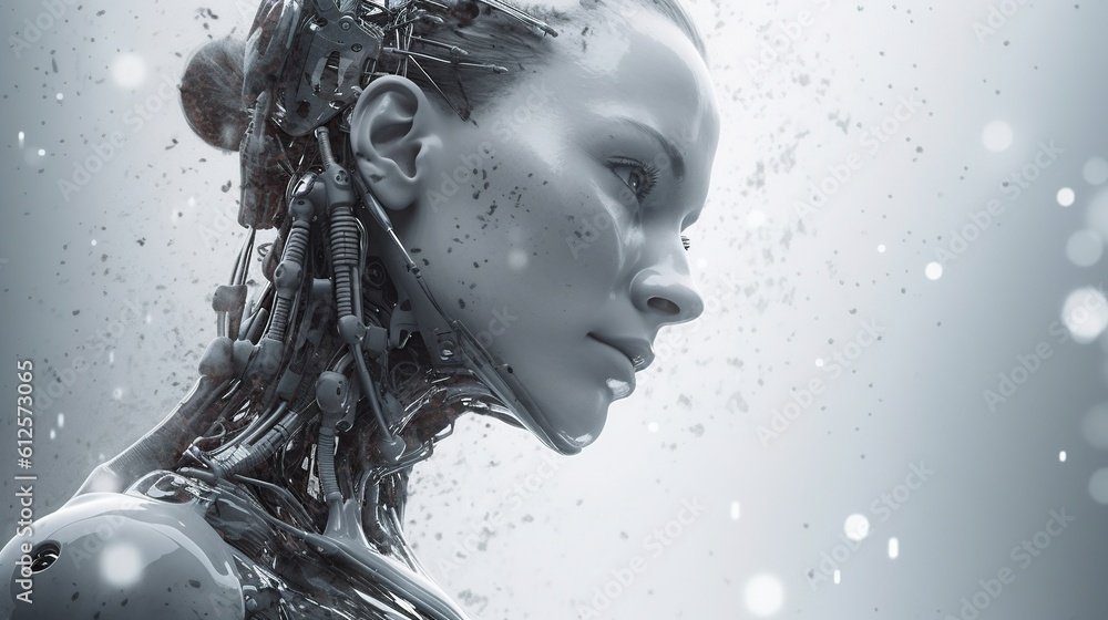 A beautiful view of female robot face representing artificial intelligence. Creati with generative ai. A beautiful view of female robot face representing artificial intelligence. Creati with generative ai.