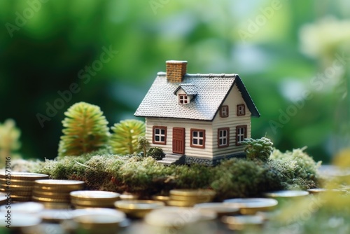 House model and money coins saving for concept saving money for buying a house, home loan refinance financial plan home loan. Generative Ai