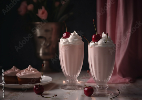 sweet ice retro glass milkshake pink cream drink beverage cocktail. Generative AI.