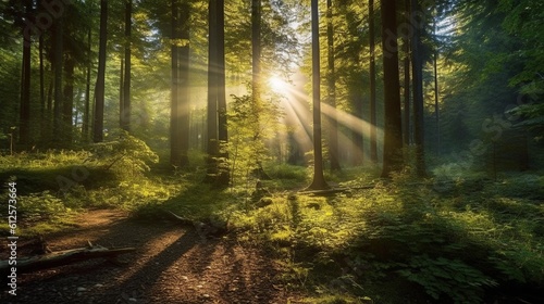 A beautiful background with florest in sunrise. Generative AI.